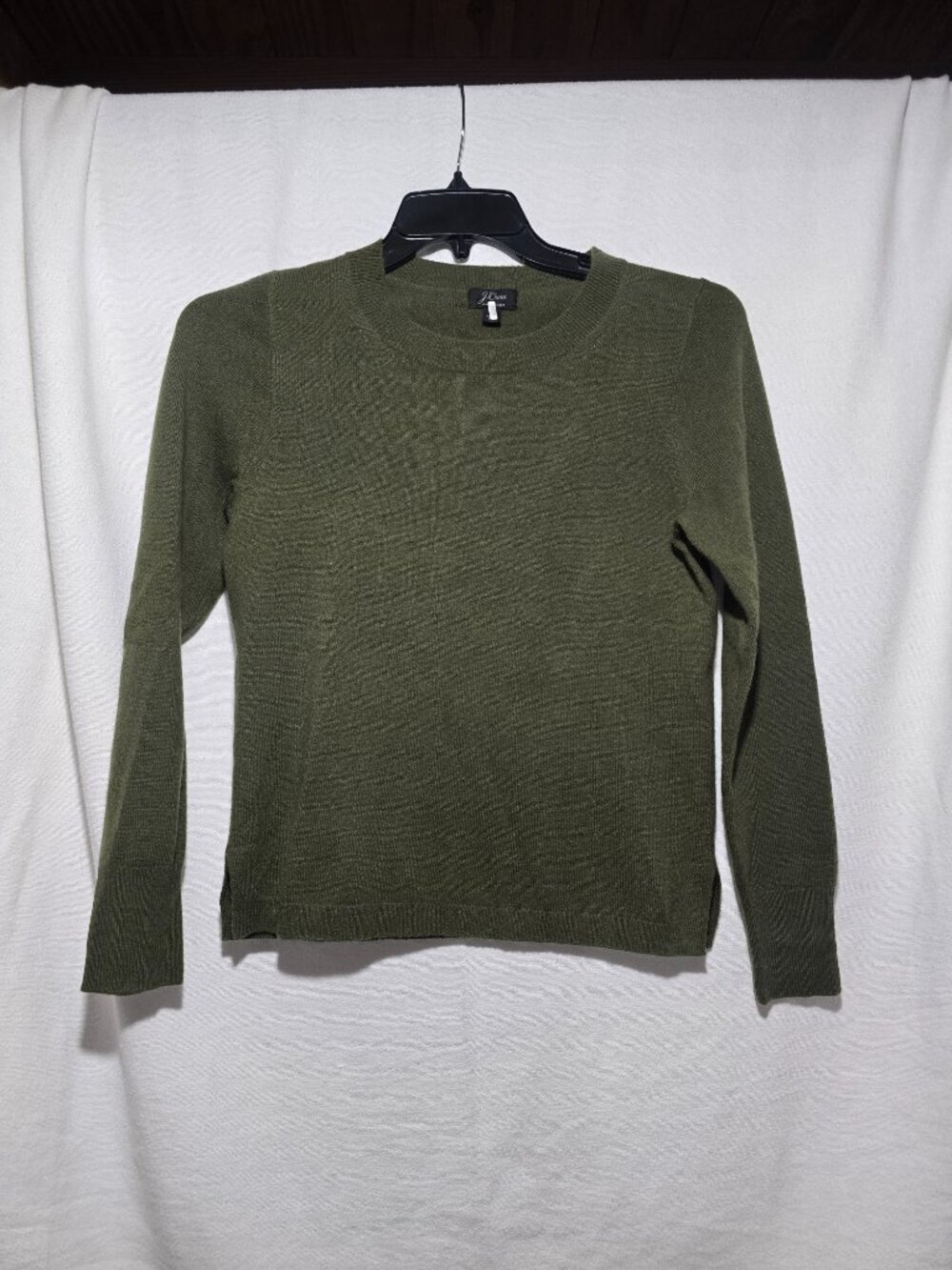 J.Crew Olive Green 100% Cashmere Crewneck Sweater Size S Long Sleeve GUC! Nice!